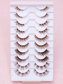 10 Pairs Mixed Brown Full Band False Eyelashes, 5 Natural Thin Designs, Soft & Lightweight Handmade, Reusable Comfortable Upper Lashes, Suitable For Daily & Party Eye Makeup - Brown - View 6