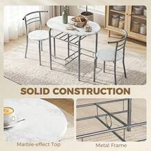 3-Piece Dining Table Set , Metal Frame Wood Top Breakfast Bar Table Set 2, Dining Table/Storage Shelf & 2 Chairs On-Site - White + Engineered Wood - View 6