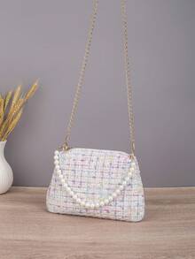 1pc Women's Pastel Tweed Evening Bag With Pearl Top Handle & Detachable Chain Strap, Elegant Mini Handbag For Party, Wedding & Date - White - View 10