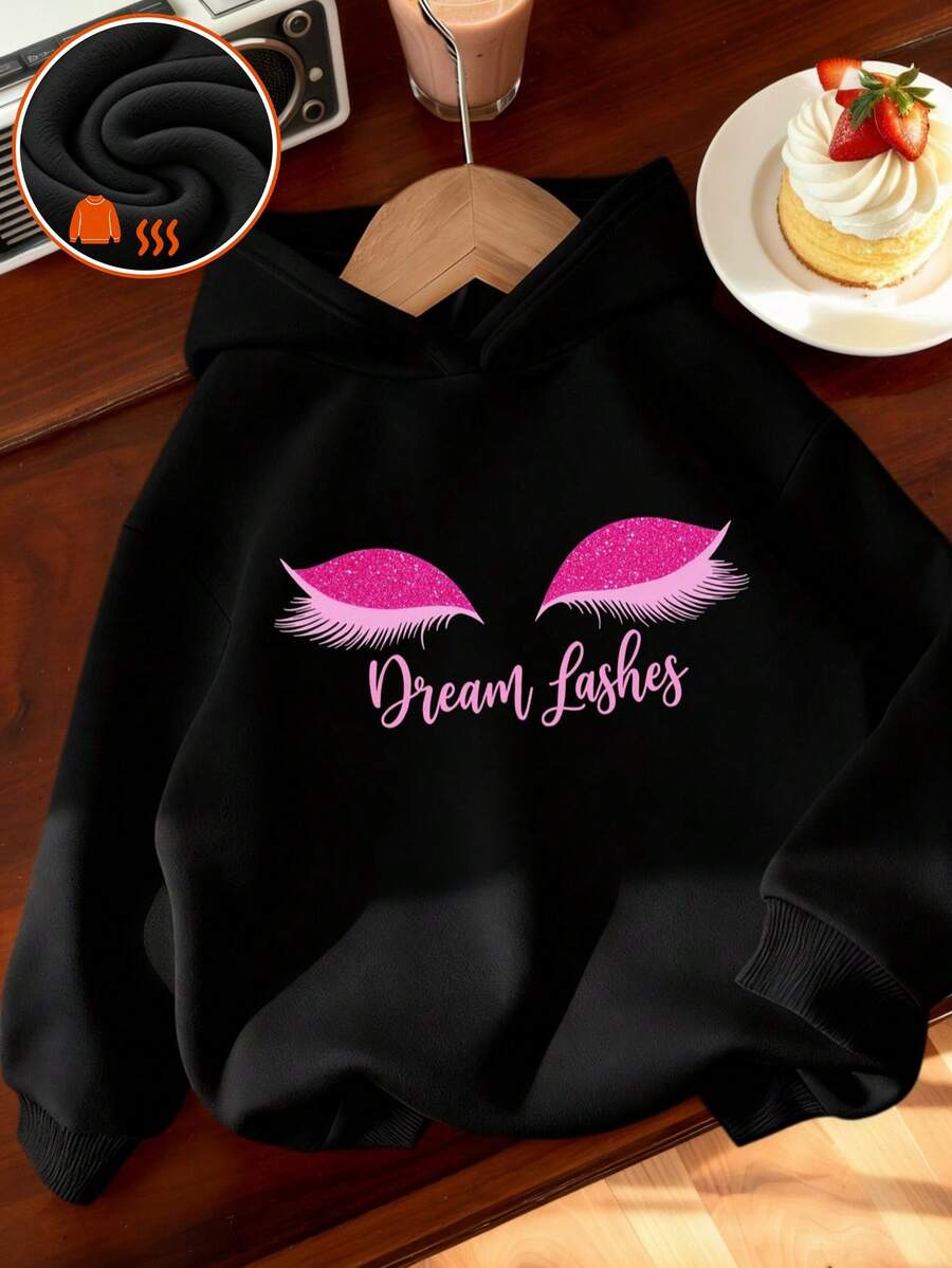Tween Girl 1pc Thermal Lined Thick Warm Hooded Sweatshirt, Young Student Kids Clothing, Children's Favorite Autumn/Winter Top - Black - View 1