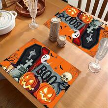 1/4/6pcs Halloween Series Tombstone & Coffin BOO Pattern Printed Placemats, Heat-Resistant Table Mats For Home Kitchen, Tabletop Protection, Kitchen Dining Table, Party Scene Decoration - Multicolor - View 5