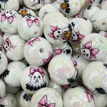 10pcs 16mm Rainbow White Ghost Print Acrylic Round Beads, Random Mixed Color Pink Bow Halloween Perforated Beads, Suitable For Pens, Bracelets, Jewelry Crafts - Random Color Mixing - View 7