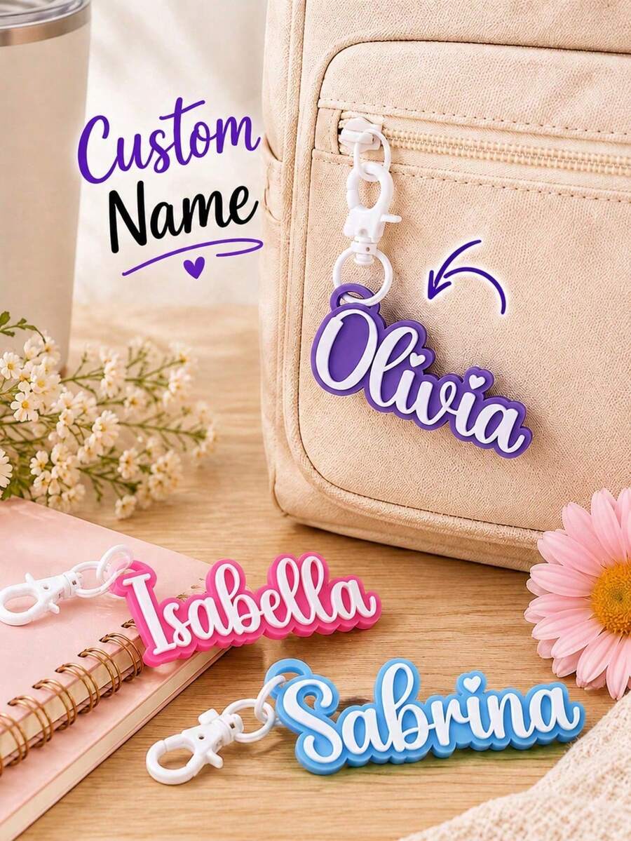 1pc Customized Personalized Text Name Acrylic Keychain, Layered Heart-Shaped Handwritten Name Tag, Lobster Clasp, Shoulder Bag Pendant - Multicolor - View 1
