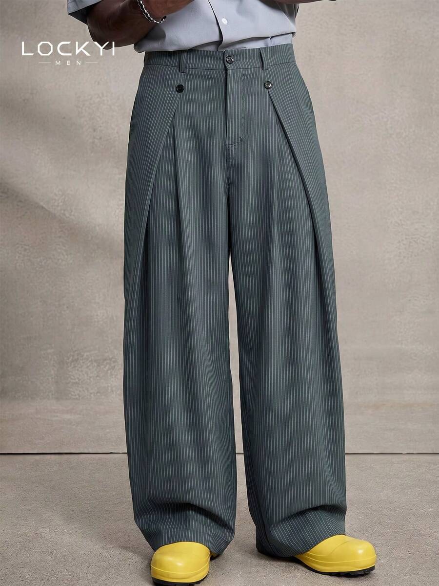 1pc Men's Spring/Autumn Korean Style College Stripe Button Straight Leg Wide Leg Casual Long Pants - Multicolor - View 1