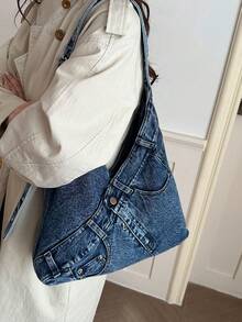 Shoulder Bag, Patchwork Pocket Details Add Design Sense, Adjustable Shoulder Strap Supports Shoulder And Crossbody Carrying. Large Capacity Interior Can Store Various Personal Items, Bag Shape Is Casual And Relaxed, Suitable For Daily Commute, Shopping And Travel, Easily Create A Casual And Relaxed Outfit Style. - Blue - View 4