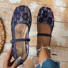 Women's All-Season Elegant Minimalist Floral Pattern Design Vintage Shallow-Cut Single Strap Flat Shoes - Navy Blue - View 7
