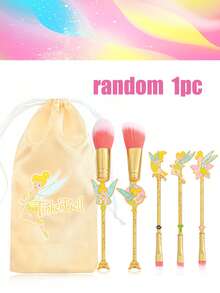 Disney Tinker Bell Themed 5-Piece Cosmetic Brushes Collection With Silk Storage Bag, Heavy Duty Gold Tone Enamel Wing Figurines Handle, Professional Fluffy Face Applicators For Highlighter Loose Powder And Crease Eyeshadow Application - Multicolor - View 9