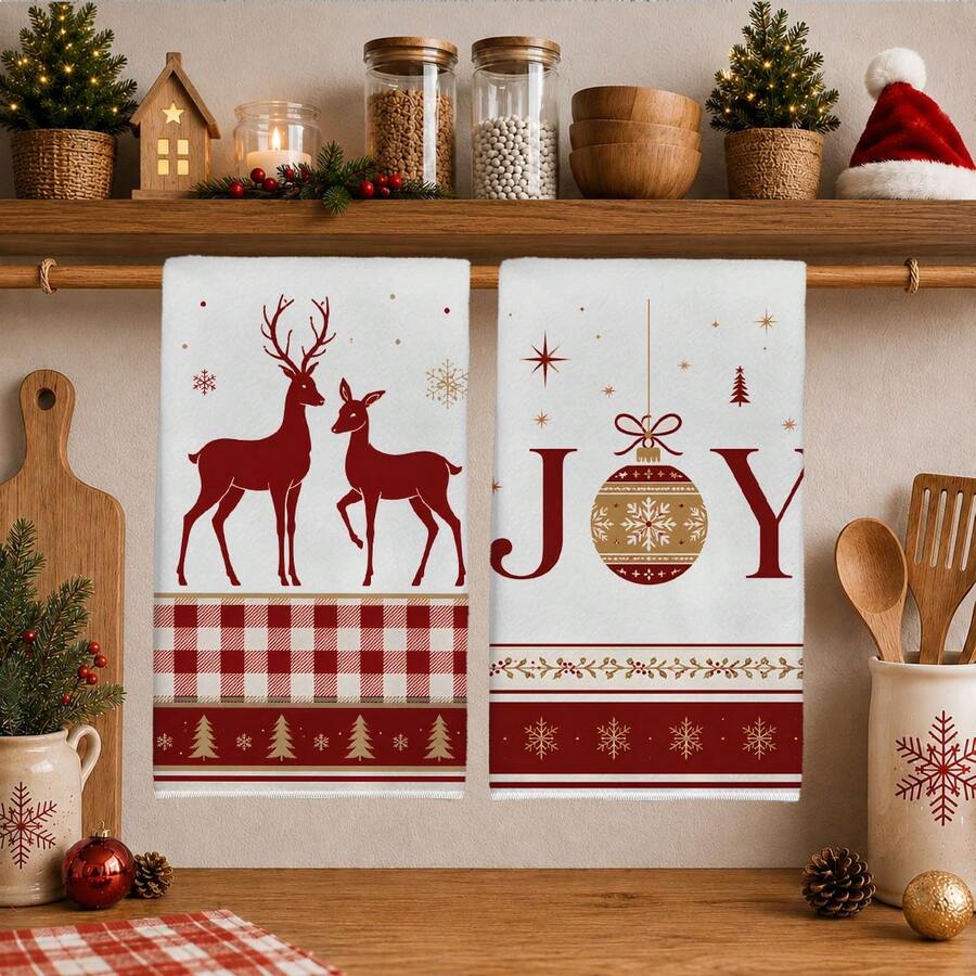 2PCS Kitchen Towels Christmas Ball & Text Christmas Reindeer Print 40*60cm Simple Style Rectangular Microfiber Kitchen Towels, Dish Cloths, Tablecloths, Hand Towels, Christmas Kitchen Decor, Home Decor, Neighbor Housewarming Gift, Perfect For Kitchen And Bathroom Use, Suitable For Housewives And Family Gathering Gifts, High Cost-Performance, Home Essential - White - View 1