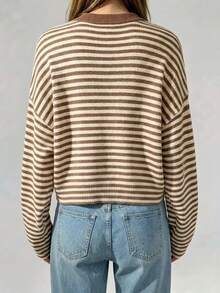 Women's Autumn Brown & White Striped Knit Sweater, Loose Fit, Round Neck, Long Sleeve, Dropped Shoulder, Short Length, Commuter Relaxed Style Fall - Khaki - View 2