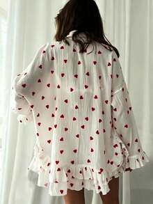 Soft Comfortable Ruffle Heart Print Valentine's Day Bandeau Top, Shorts, Jacket 3 Pieces Set - Red and White - View 6