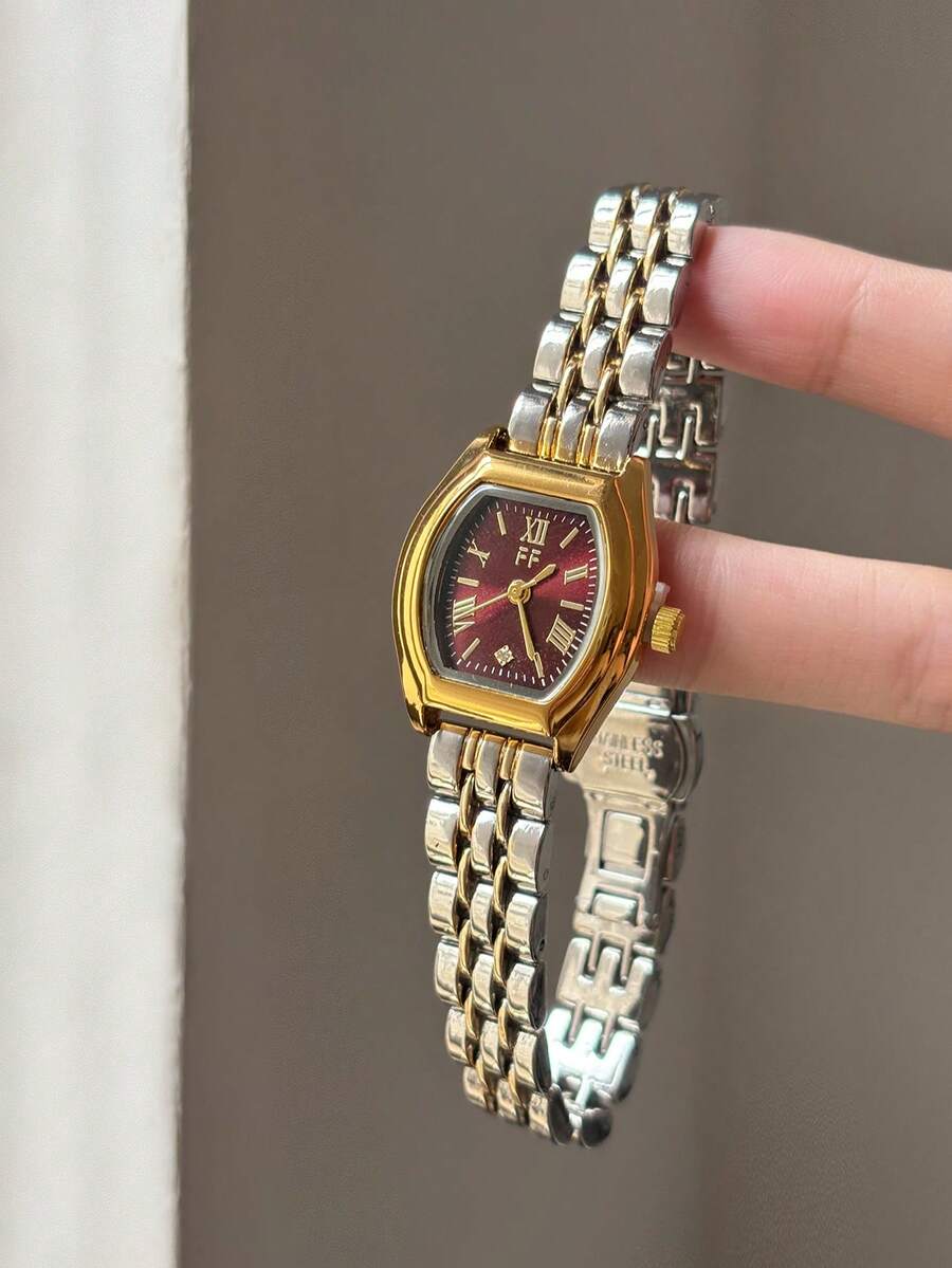 1pc Women's Dual-Color Foldable Quartz Watch, Deep Red Dial, Minimalist Roman Numeral Markings, Suitable For Daily Wear - Silver and Gold - View 1