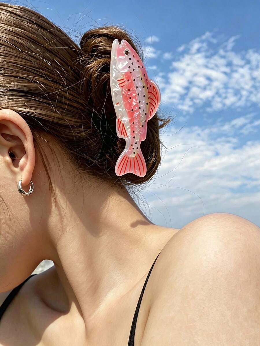 可愛粉色鱒魚髮夾，閃亮海洋生物髮飾，大號防滑強抓力髮夾，適合粗髮、細髮與長髮 - 彩色 - 查看 1
