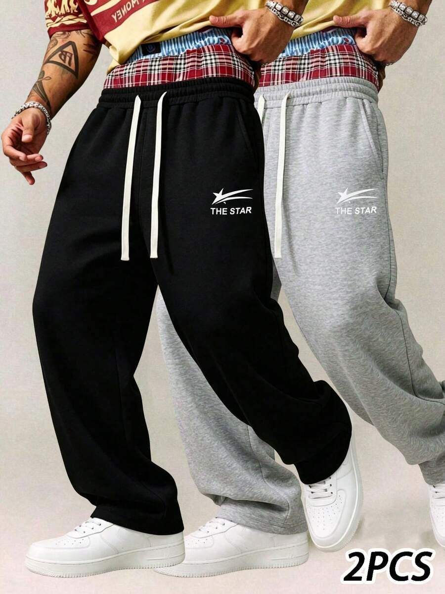 2pcs Men's Casual Long Pants, Drawstring Minimalist Design, Side Pockets For Convenient Storage, Suitable For Outdoor And Daily Wear, Sports Pants - Multicolor - View 1