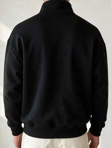 Men's Solid Color Stand Collar Half Button Polo Sweatshirt Black Henley Neck Stand Collar Autumn/Winter Casual Long Sleeve Pullover Top - Black - View 3