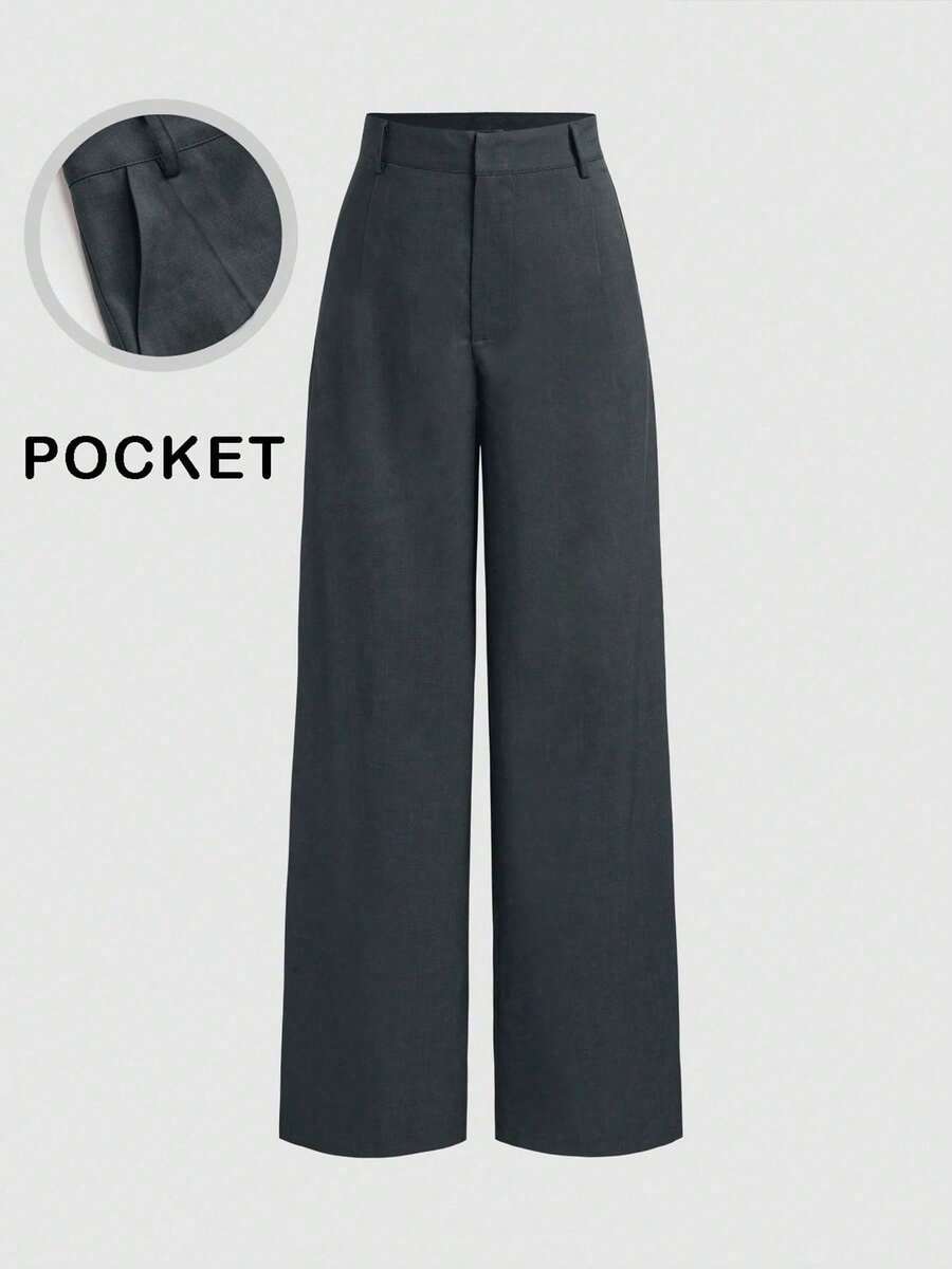 Plus Size Women's Minimalist Design Long Pants, Hook & Zipper Closure, Thin Pure Gray Wide Leg Pants, Slim Fit, Fashionable Wide Leg Pants, Suitable For All Seasons, Recommended For Spring - Grey - View 1