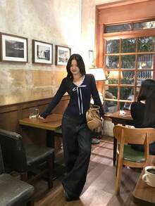 Women's College Style Textured Knit Sweater, New Arrival, Petite Fit, Long Sleeve, Frill Trim Top - Navy Blue - View 7