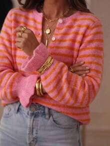 Plus Size Pink Striped Long Sleeve Cardigan, Button Detail, High Elastic Fabric, Comfortable Wear, Regular Length, Preppy Style, Exquisite Daily Knitwear - Pink - View 3