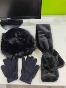 1 Set Women's Winter Bucket Hat + Plush Scarf + Knitted Full Finger Gloves Set, Warm Wool Lining, Solid Color Thick Design, Suitable For Outdoor Activities - Multicolor - View 9