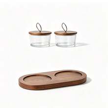 1‑Piece Wooden Tray & Glass Small Bowl Set With Lids, , Home Kitchen Tabletop Decor, Clear Glass Containers With Handle Lid, Multi Compartment Decorative Tray For Kitchen Counter, Tabletop Decor, Snack Organizer - Maroon - View 9