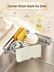 1pc Sink Draining Rack, Stainless Steel Triangular Sink Organizer, Space-Saving, For Placing Sponges, Dish Soap, Dishcloths, Brushes, Rags, Sponges, Kitchen Countertop Organizer Shelf, Home Kitchen Supplies - View 2