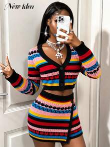 NEW IDEA Women Casual Y2K Colorful Striped Fall Winter Sweater Two Pieces Set, Crop Cardigan & Bodycon Mini Skirt Knit Set For Daily, Going Out & Party - Multicolor - View 4