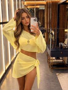 Bộ đồ bơi bikini 2 mảnh nữ mùa hè đi biển màu trơn gợi cảm, gồm áo bikini tam giác và quần lót tam giác, kèm áo khoác ngoài và chân váy mini - Màu vàng - Xem 1