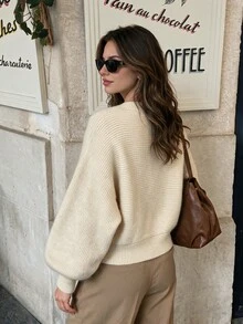 Women's Fall Fuzzy Knit Cardigan Round Neck Button Down Puff Long Sleeve Autumn Sweater Coat - Apricot - View 2