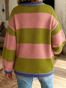 Plus Size Women's Striped Knit Pullover Sweater, Long Sleeve Round Neck Drop Shoulder Ribbed Top, Suitable For Autumn/Winter Season - Multicolor - View 3