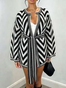 Plus Size Casual Fashion Black & White Striped Belted Long Sleeve Cardigan Sweater - Black and White - View 3