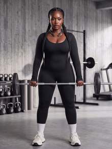 Zimi Collection Plus Size Women's Seamless Long Sleeve Jumpsuit 1XL-4XL Black Tummy Control Butt Lift Compression Shaping Fitness Yoga Running Workout Outfit - Black - View 4