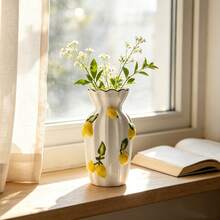 1pc 3D Embossed Lemon Ceramic Vase, Mediterranean Italian Style White Porcelain Flower Vase With Raised Lemon & Leaf Motif, Decorative Table Centerpiece For Kitchen Dining Living Room Home Decor Gift - Multicolor - View 4