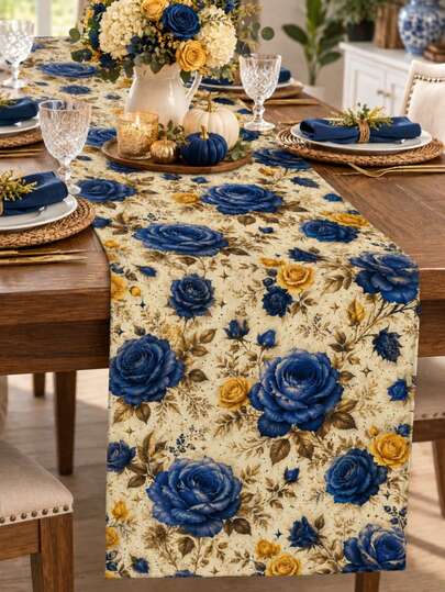Vintage Blue & Yellow Rose Floral Table Runner, Pillow Case, Placemat, Country Farmhouse Style Dining Room & Kitchen Decor Long Tablecloth, Suitable For Party, Wedding And Home Decoration