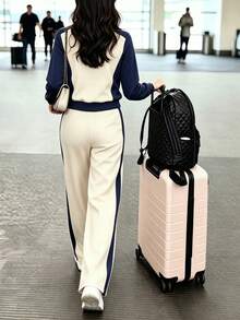 Women's Casual Colorblock 2 Pieces Set, Round Neck Long Sleeve Top With Straight Leg Pants, Pockets, Slightly Stretchy, Suitable For Daily Wear - Apricot + Navy Blue - View 5