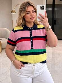 Plus Size Collegiate Style Striped Knit Polo Shirt, Short Sleeve, Medium Stretch, Regular Length Fabric - Multicolor - View 1