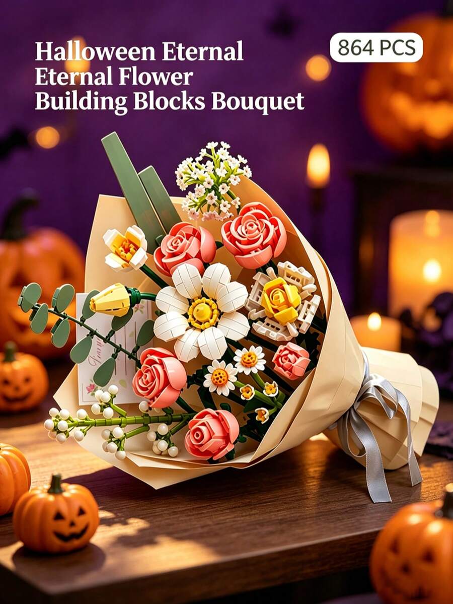 864 Pcs ABS Flower Building Blocks Set, DIY Build‑Your‑Own Forever Bouquet Kit For Adults, Multi‑Angle Adjustment Artificial Flower Blocks, Home Table Decor, Ideal Gift For Valentine's Day, Birthday, Anniversary & All Special Occasions - Multicolor - View 1
