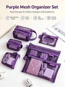Transparent Mesh Storage Bag Set, Makeup Bag, Portable Coin Purse, Stationery Pencil Case, Zipper Travel Toiletry Bag, Suitable For Home Office Data Cable Storage Accessories, Portable Coin Purse For Outings, Can Store Cards, Keys And Other Items - A - View 1