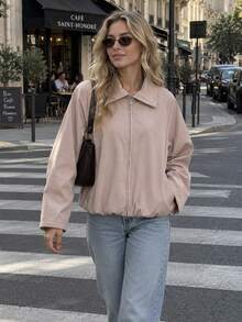MUMRAP Women's Stand Collar Zipper Long Sleeve Loose Short Windbreaker Jacket, Casual Solid Color Lightweight Outerwear - Baby Pink - View 4