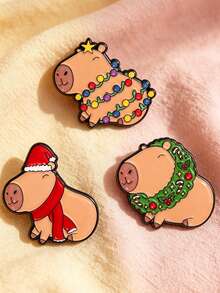 1pc/3pcs Cute Assorted Christmas Capybara Pattern Brooch, Fun Metal Enamel Badge, Creative Decor Backpack Pin, Christmas Holiday Gift - Multicolor - View 1
