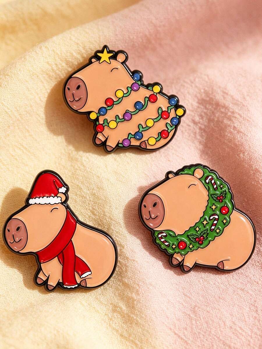 1pc/3pcs Cute Assorted Christmas Capybara Pattern Brooch, Fun Metal Enamel Badge, Creative Decor Backpack Pin, Christmas Holiday Gift - Multicolor - View 1