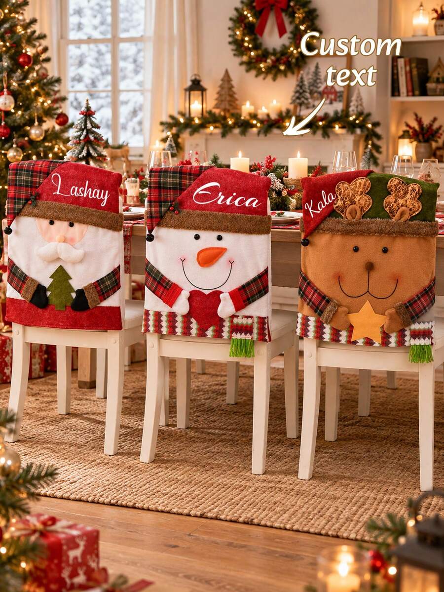 1pc Custom Heat‑Transfer Printed Christmas Motif Chair Cover, Personalized Holiday Dining Chair Slipcover With Custom Text Print Detail, 3 Style Options, Ideal Holiday Gift, For Dining Room Table Setting, Home Dinner Party And Festive Household Decor