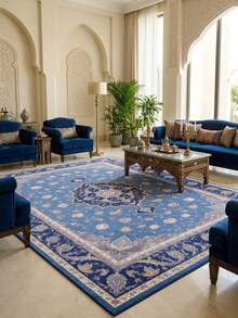 1PC Light Blue Navy Pink Floral Medallion Pattern Traditional Persian Carpet, French Vintage Elegant Style Faux Cashmere Rectangular Area Rug With Multi-Layered Serrated Center Medallion And All-Over Scattered Floral Details, Machine Washable, Suitable For Living Room Bedroom, All-Season Home Decor - Multicolor - View 1