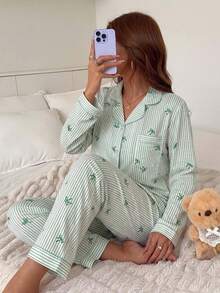 2pcs/Set Women's Pajamas Homewear Set Striped Bow Print Long Sleeve Lapel Top And Pants Autumn/Winter - Green - View 4
