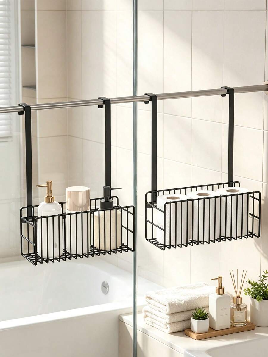No-Drill Shower Caddy, Black Metal Wall-Mounted Bathroom Storage Rack, Multi-Functional Organizer For Shampoo, Conditioner And Soap, Space-Saving Bathroom Accessories Set - Multicolor - View 1