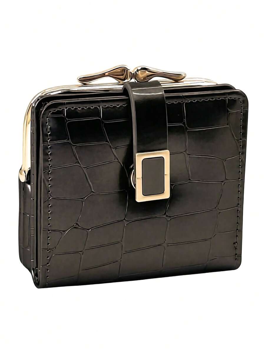 Women's Short Crocodile Pattern Soft PU Snap Button Wallet, Multifunctional Coin Purse & ID Card Holder, Minimalist Lightweight Compact Exquisite Portable, Suitable For Holiday Gift - Black - View 1
