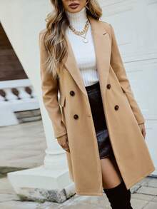 Xana Solid Color Double-Breasted Side Pocket Suit Lapel Long-Sleeved Mid-Length Straight Woolen Coat Autumn And Winter Workplace Commuter Style Casual - Khaki - View 6
