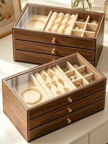 1pc Luxury Black Walnut Wood Jewelry Box, 3-Layer Wooden Jewelry Storage Box, Drawer-Style Jewelry Box, Transparent Acrylic Jewelry Storage Box, Classic Style - Multicolor - View 8
