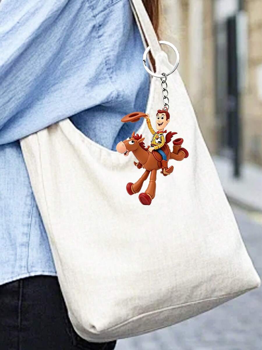 Disney Toy Story Character Woody In Horse Riding Pose Keychain Pendant, Made Of Acrylic Material, Flat Cartoon Decorative Item, Metal Key Ring, Bag Accessory For Carrying Around. - Multicolor - View 1