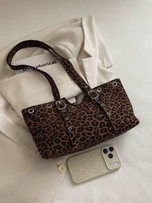 1pc Brown Large Capacity Vintage Leopard Print Faux Suede Tote Bag Women's Shoulder Bag - Brown - View 4