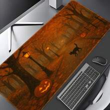 Halloween Themed Extra Large Mouse Pad, Autumn Forest Pumpkin Black Cat Print, Stitched Soft Fabric Keyboard Desk Mat, Non-Slip Rubber Base, Gaming Office Desktop Decoration Gift - View 9