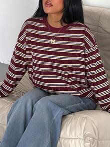 SDNGED Women's Casual Top, Striped Color Block Ribbed Fabric, Everyday Wear Spring/Autumn, Effortless Style - Redwood - View 3